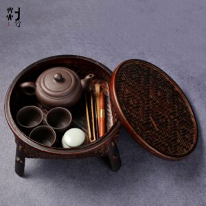 Bamboo Tea Set Storage Box - Traditional Chinese Handwoven Rattan Organizer