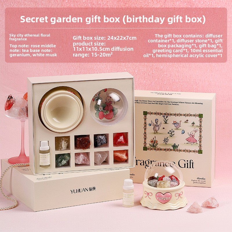 YUHUAN Secret Garden Diffuser Stone Gift Box – Flameless Aromatherapy Crystal with Essential Oil - Back View