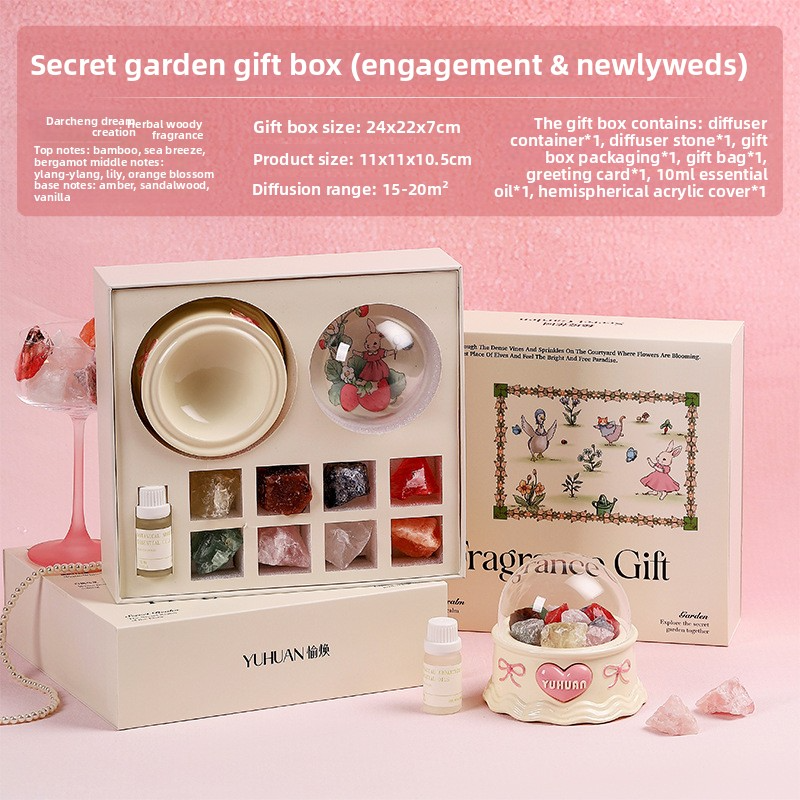 YUHUAN Secret Garden Diffuser Stone Gift Box – Flameless Aromatherapy Crystal with Essential Oil - Product Set