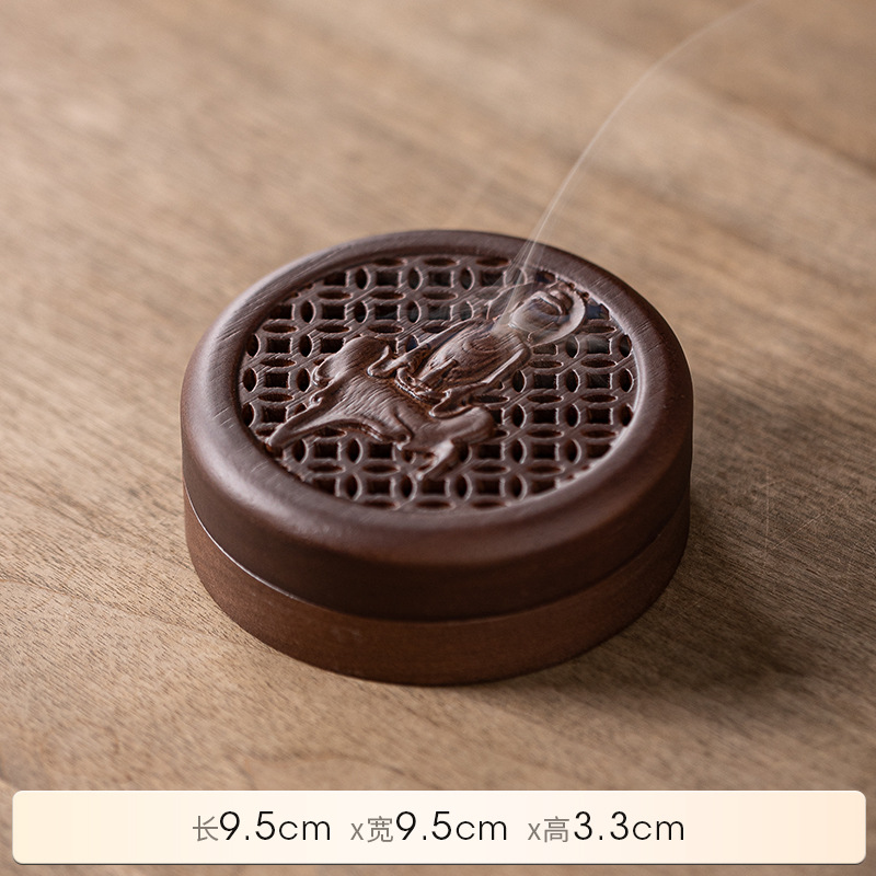 Chinese Rosewood Zen Incense Burner Set with Carved Box - Buddha & Auspicious Motifs - Close-up