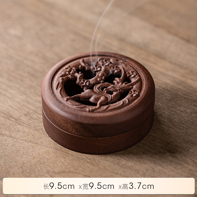 Chinese Rosewood Zen Incense Burner Set with Carved Box - Buddha & Auspicious Motifs - Set / Collection
