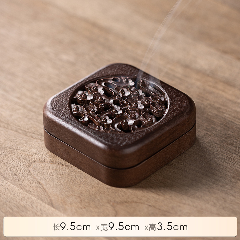 Chinese Rosewood Zen Incense Burner Set with Carved Box - Buddha & Auspicious Motifs - Back View