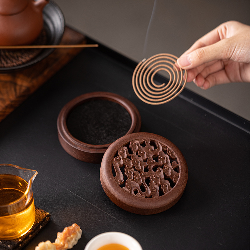 Chinese Rosewood Zen Incense Burner Set with Carved Box - Buddha & Auspicious Motifs - Detail View