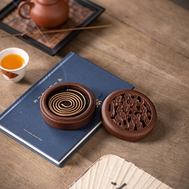 Chinese Rosewood Zen Incense Burner Set with Carved Box - Buddha & Auspicious Motifs - Lifestyle Scene