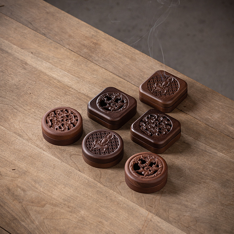 Chinese Rosewood Zen Incense Burner Set with Carved Box - Buddha & Auspicious Motifs - Size Reference