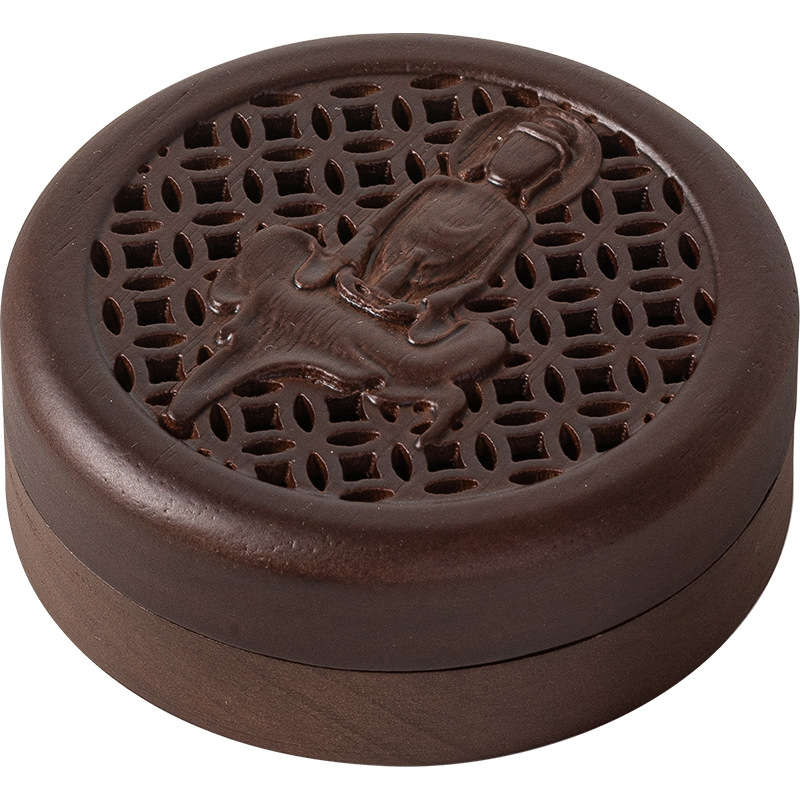 Chinese Rosewood Zen Incense Burner Set with Carved Box - Buddha & Auspicious Motifs - In Use