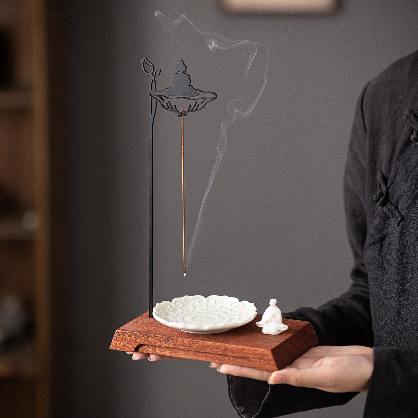 Zen Buddha Hanging Incense Holder - Chinese Style Iron Art Home Decor - Side View