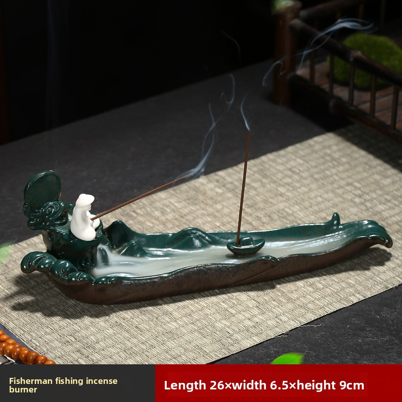 Chinese Ceramic Backflow Incense Burner with Fisherman Figurine - Tower Incense Holder - Close-up