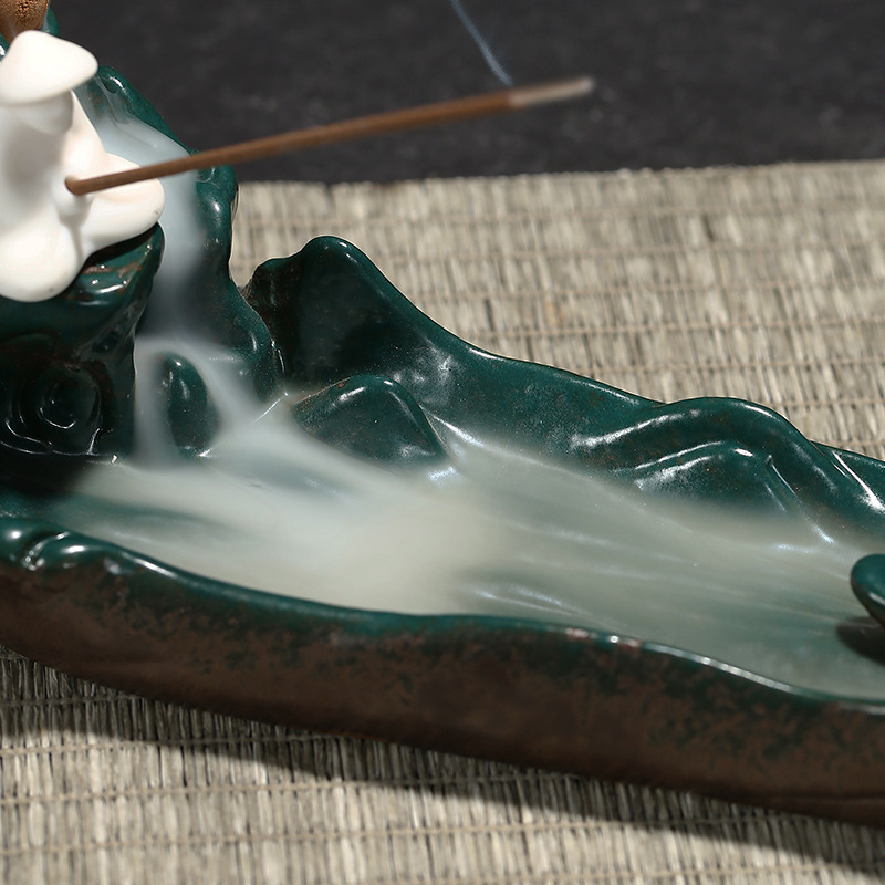 Chinese Ceramic Backflow Incense Burner with Fisherman Figurine - Tower Incense Holder - Detail View