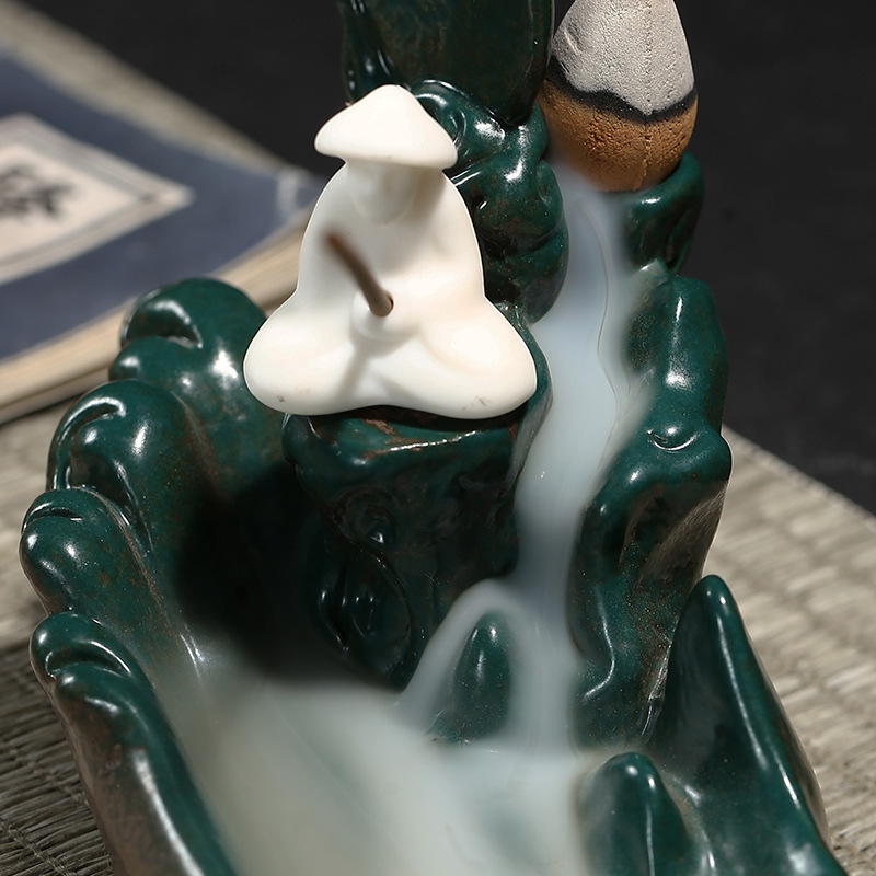 Chinese Ceramic Backflow Incense Burner with Fisherman Figurine - Tower Incense Holder - Lifestyle Scene