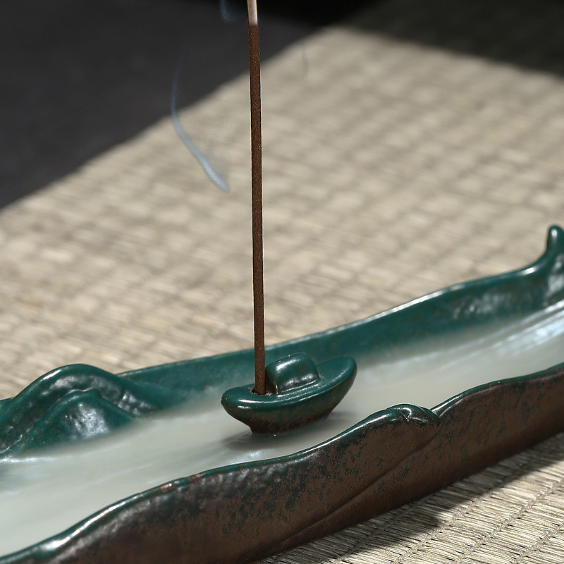 Chinese Ceramic Backflow Incense Burner with Fisherman Figurine - Tower Incense Holder - Size Reference