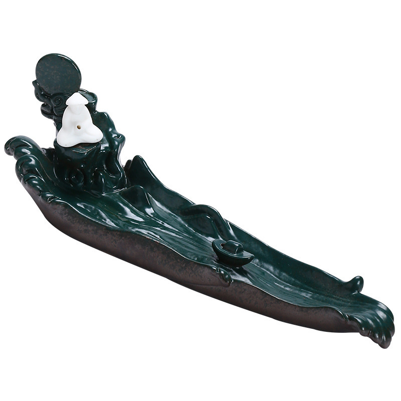 Chinese Ceramic Backflow Incense Burner with Fisherman Figurine - Tower Incense Holder - In Use