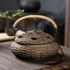 Handheld Bamboo Basket Ceramic Incense Burner - Mosquito Repellent Vintage Style - Bamboo and Rattan Art