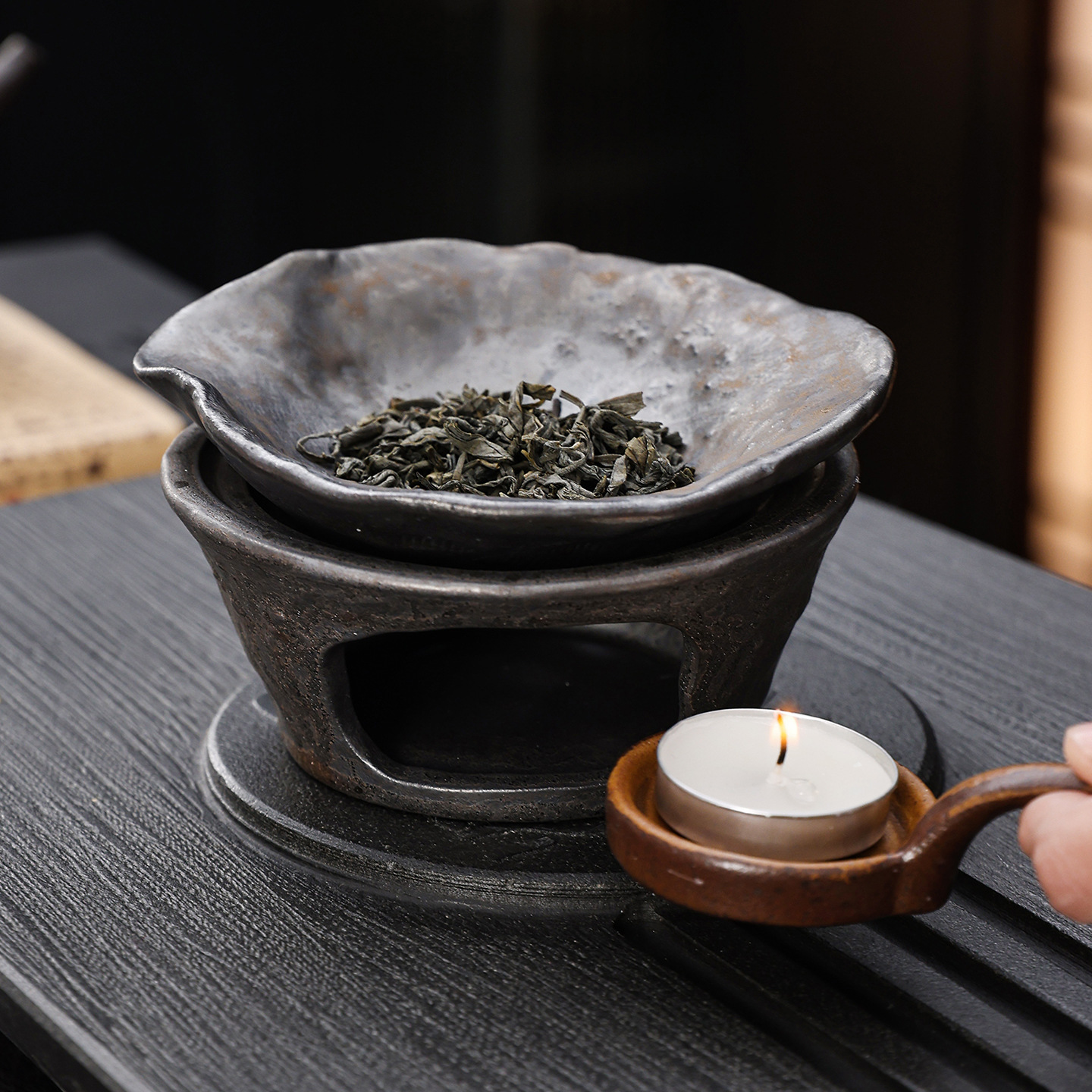 Japanese Handmade Ceramic Roasting Incense Burner & Tea Warmer - Detail View