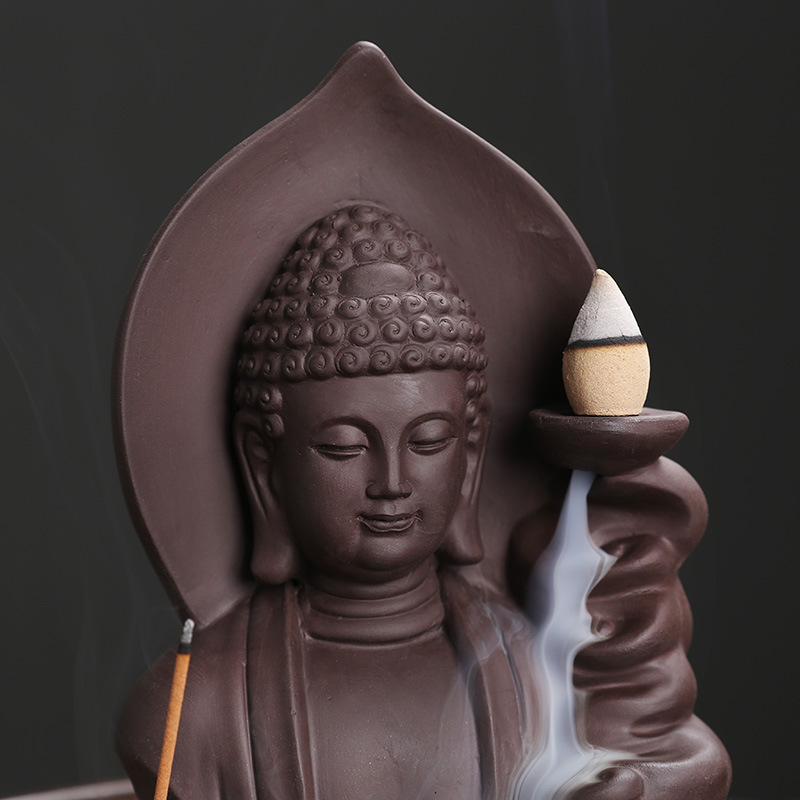 Original Purple Clay Backflow Incense Burner - Tathagata Buddha - Detail View