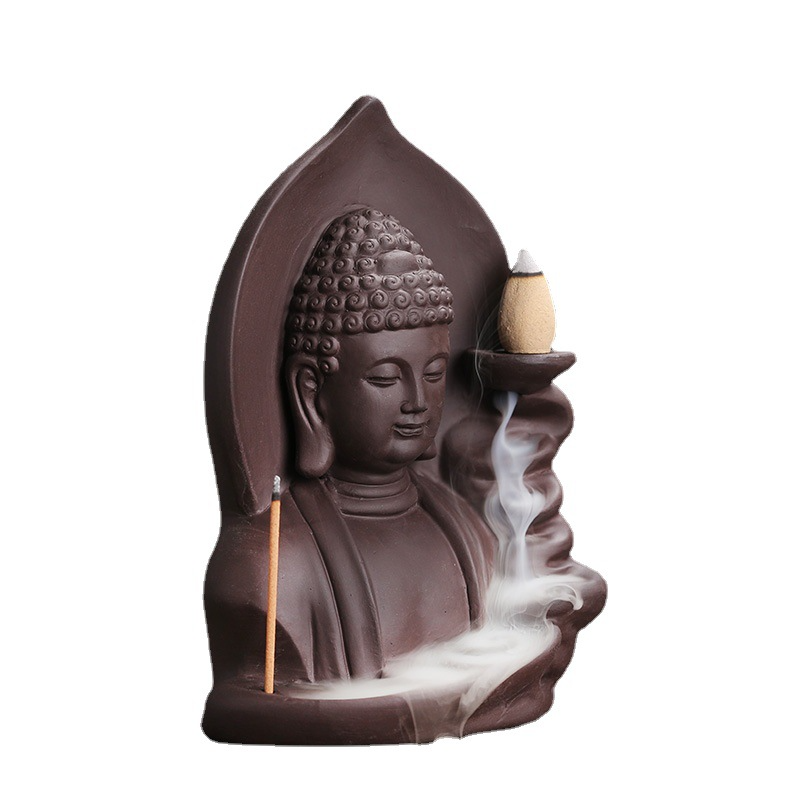 Original Purple Clay Backflow Incense Burner - Tathagata Buddha - In Use