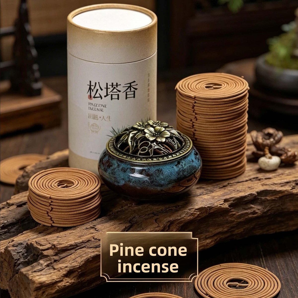 Pine Cone Shaped Coil Incense - 120/240 Discs with Optional Burner Set - Size Reference