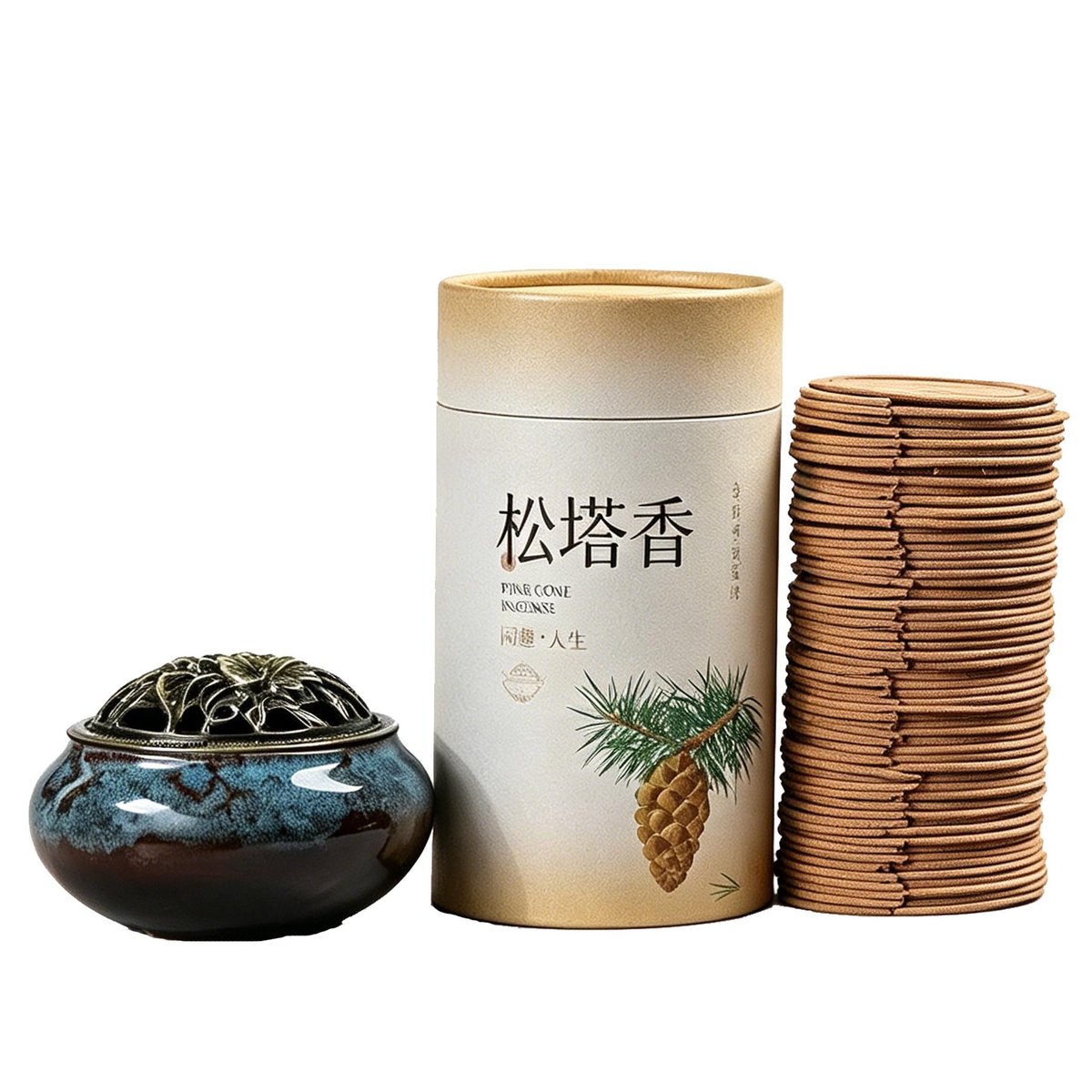 Pine Cone Shaped Coil Incense - 120/240 Discs with Optional Burner Set - In Use