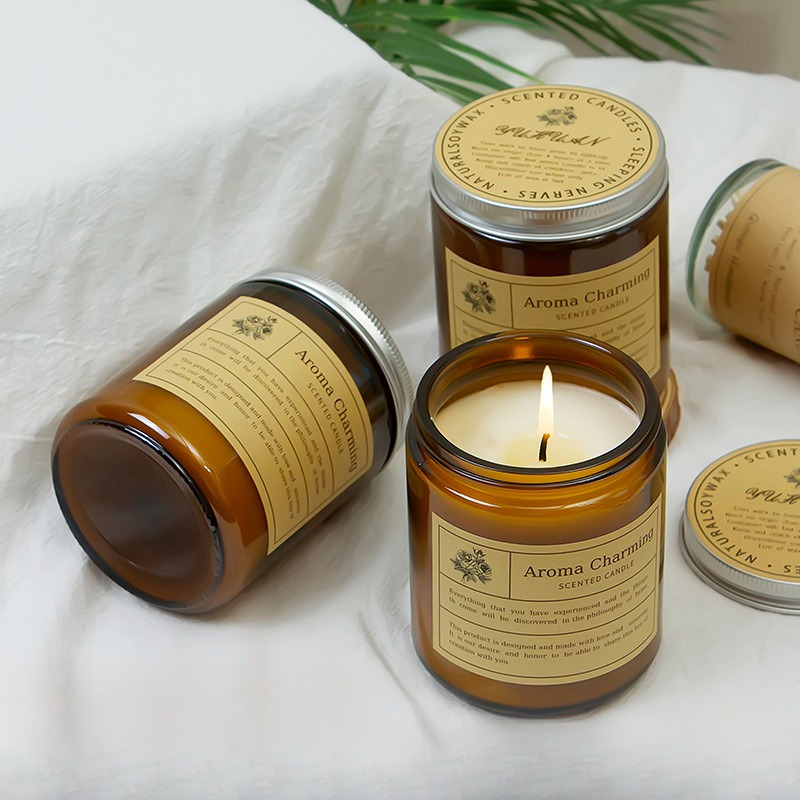 YUHUAN Brown Bottle Scented Candle – Small Amber Glass Candle, 13 Fragrances, 100g - Detail View