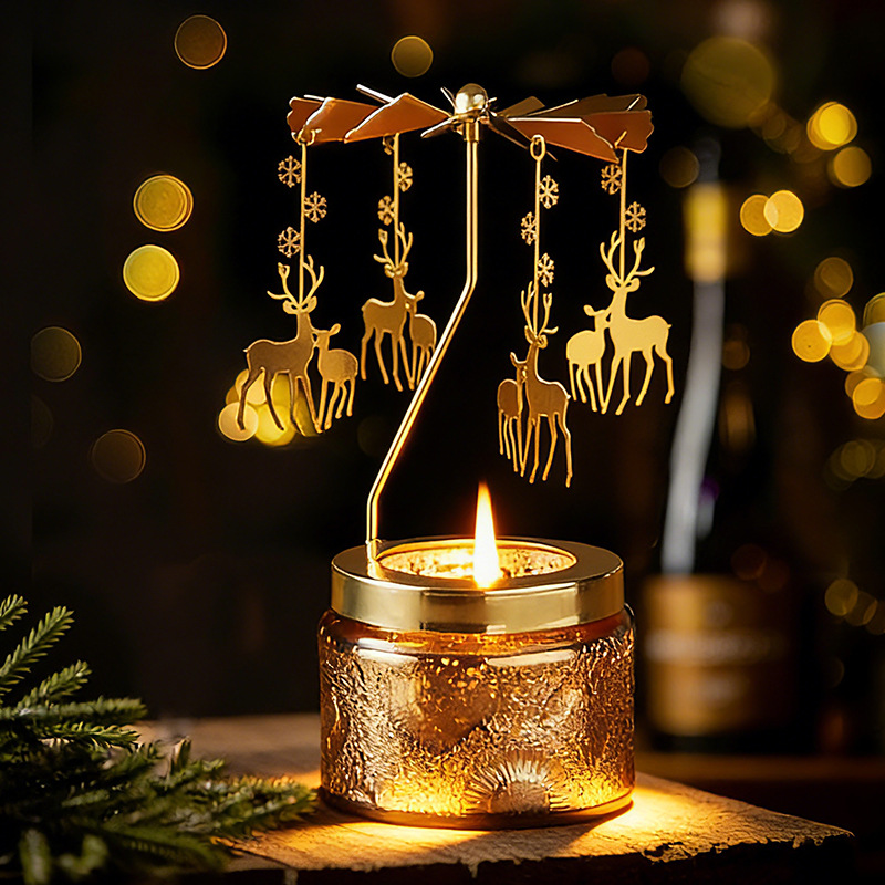 YUEKOKO Rotating Carousel Candle Gift Set - Metal Spinning Candle Holder with Scented Candle, 7 Styles - Detail View