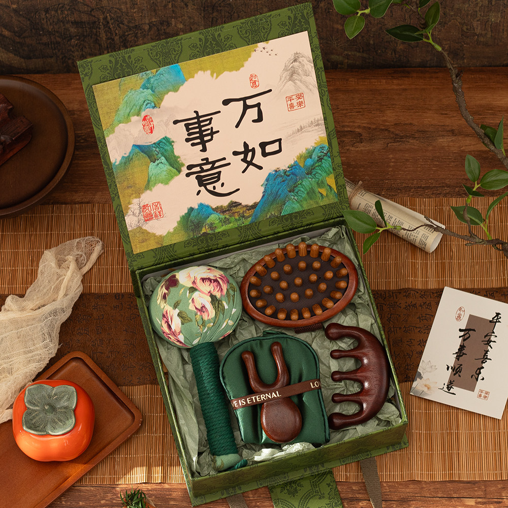 Chinese Wellness Gift Set - Mugwort Health Hammer & Sandalwood Massage Tools, 5 Sets - Lifestyle Scene