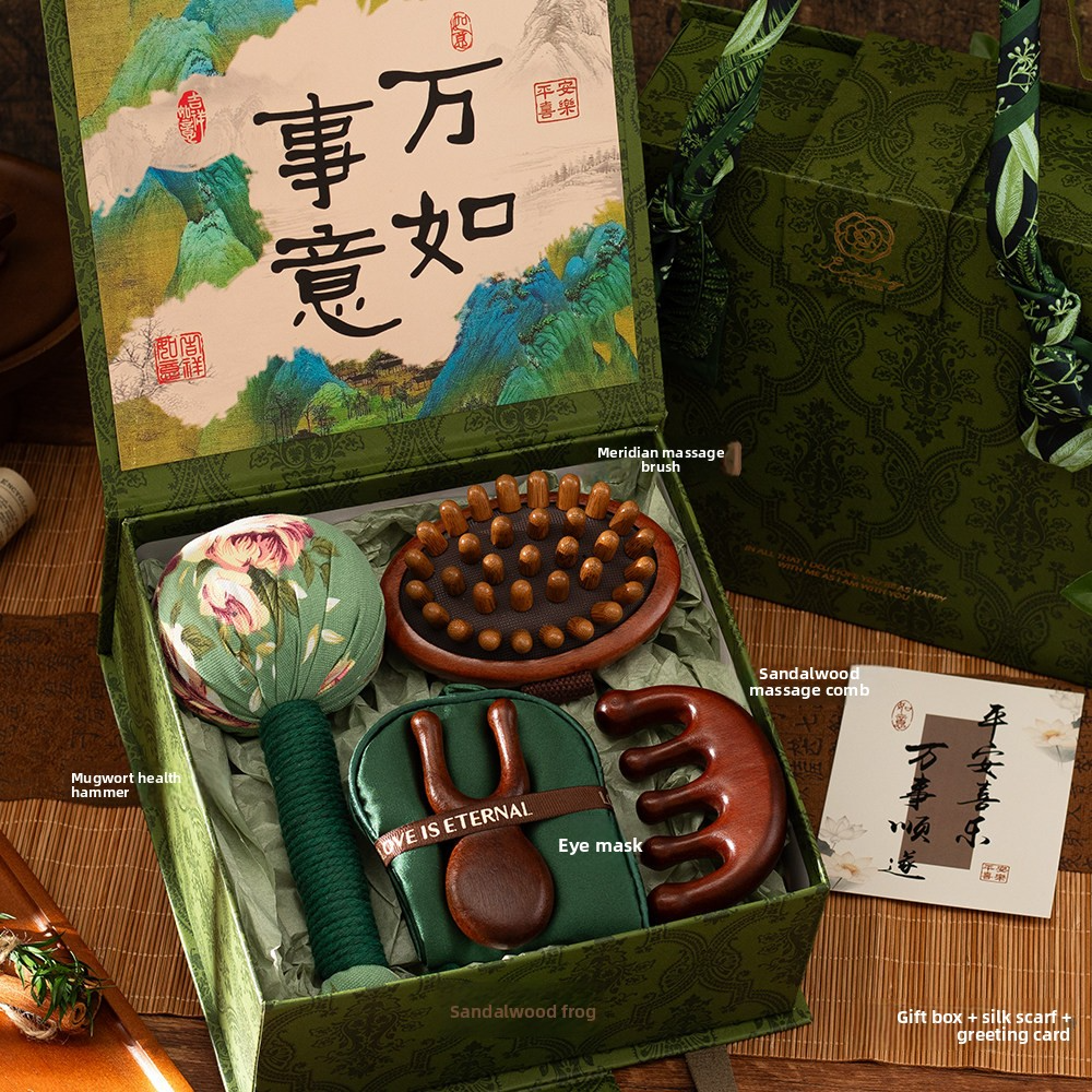 Chinese Wellness Gift Set - Mugwort Health Hammer & Sandalwood Massage Tools, 5 Sets - Set / Collection
