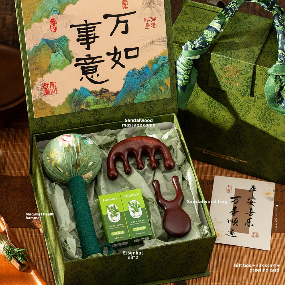Chinese Wellness Gift Set - Mugwort Health Hammer & Sandalwood Massage Tools, 5 Sets - Packaging