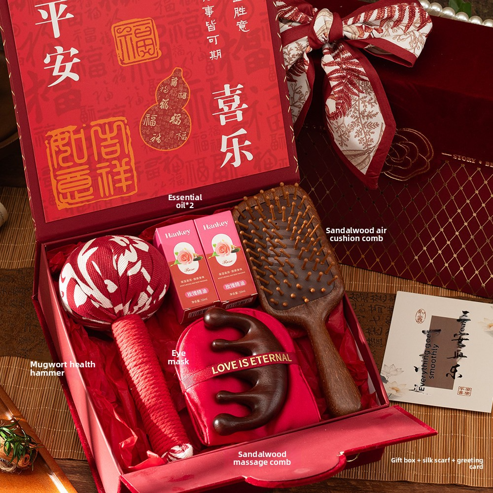 Chinese Wellness Gift Set - Mugwort Health Hammer & Sandalwood Massage Tools, 5 Sets - Side View