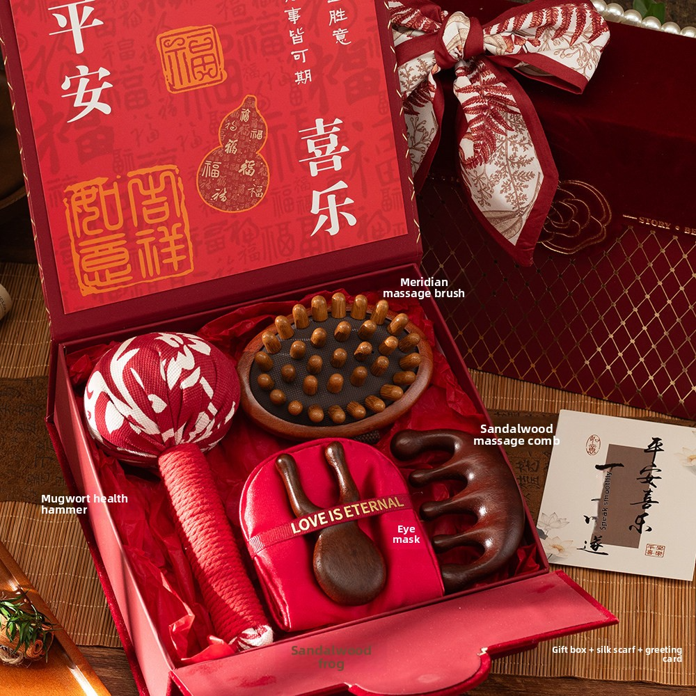 Chinese Wellness Gift Set - Mugwort Health Hammer & Sandalwood Massage Tools, 5 Sets - Top View