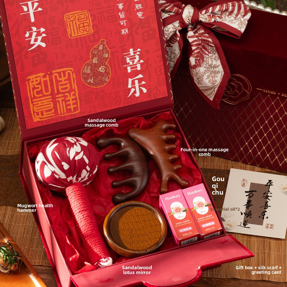 Chinese Wellness Gift Set - Mugwort Health Hammer & Sandalwood Massage Tools, 5 Sets - Back View