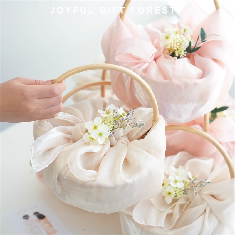 Fabric Wrapped Gift Basket with Wooden Handle - Bridesmaid Wedding Favor Basket, 5 Colors - Detail View