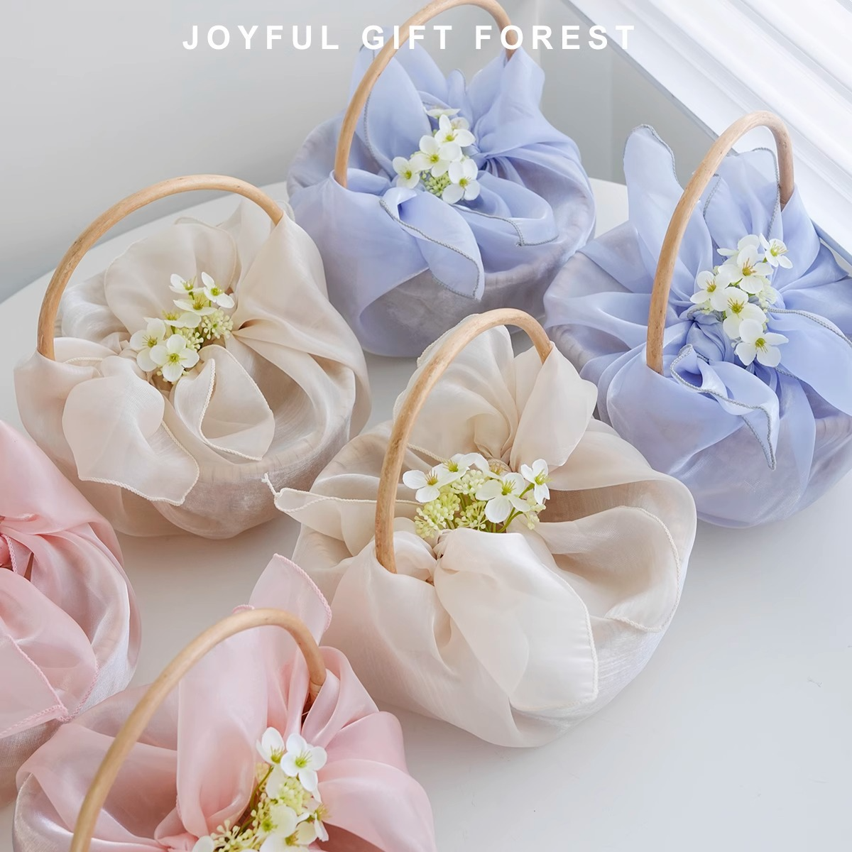 Fabric Wrapped Gift Basket with Wooden Handle - Bridesmaid Wedding Favor Basket, 5 Colors - Lifestyle Scene