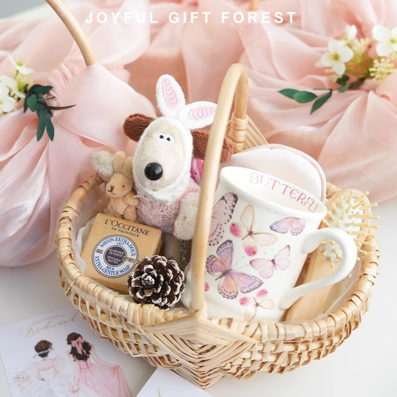 Fabric Wrapped Gift Basket with Wooden Handle - Bridesmaid Wedding Favor Basket, 5 Colors - Size Reference