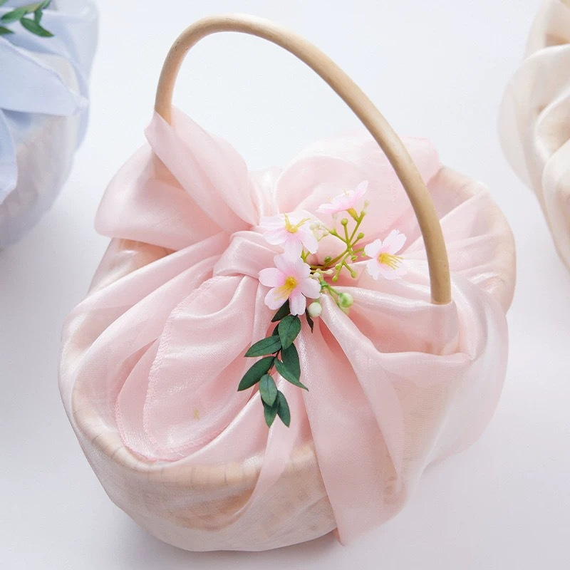 Fabric Wrapped Gift Basket with Wooden Handle - Bridesmaid Wedding Favor Basket, 5 Colors - In Use
