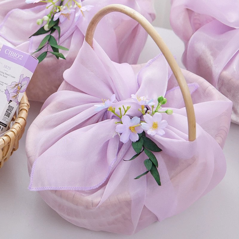 Fabric Wrapped Gift Basket with Wooden Handle - Bridesmaid Wedding Favor Basket, 5 Colors - Set / Collection