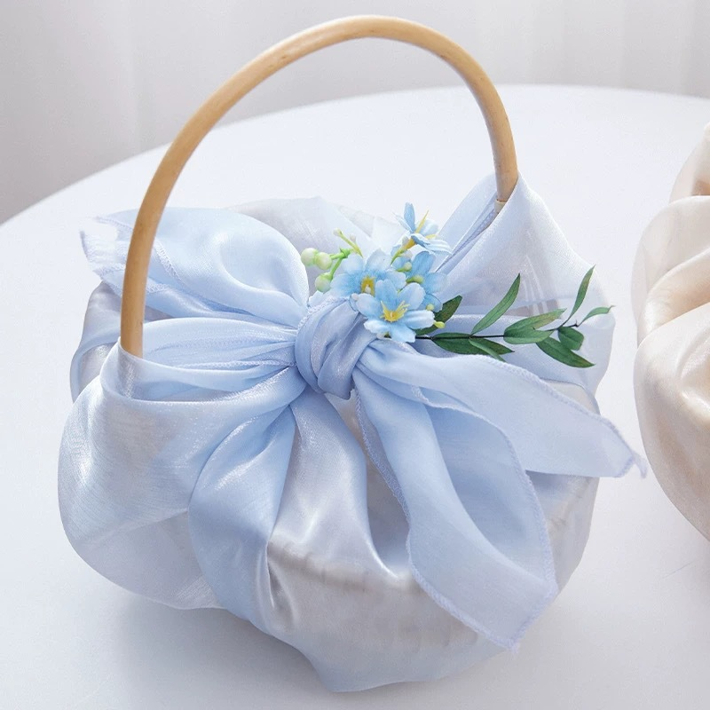 Fabric Wrapped Gift Basket with Wooden Handle - Bridesmaid Wedding Favor Basket, 5 Colors - Packaging