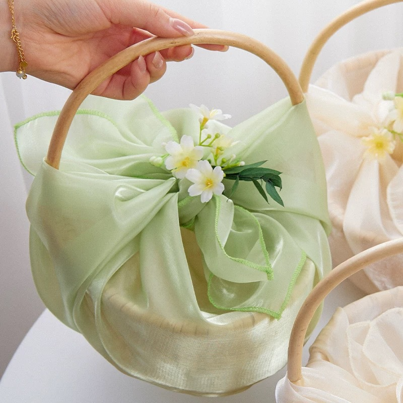 Fabric Wrapped Gift Basket with Wooden Handle - Bridesmaid Wedding Favor Basket, 5 Colors - Side View