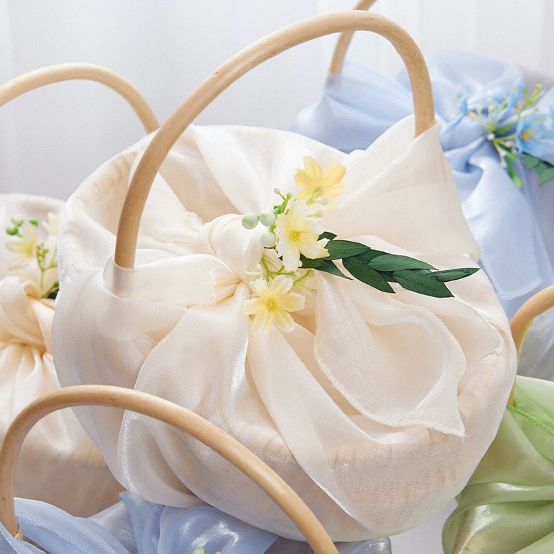 Fabric Wrapped Gift Basket with Wooden Handle - Bridesmaid Wedding Favor Basket, 5 Colors - Back View